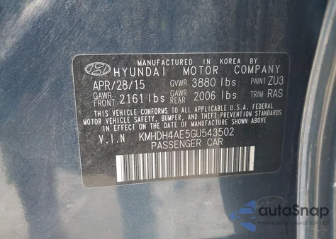 2016 Hyundai Elantra Se from USA, damaged, VIN KMHDH4AE5GU543502